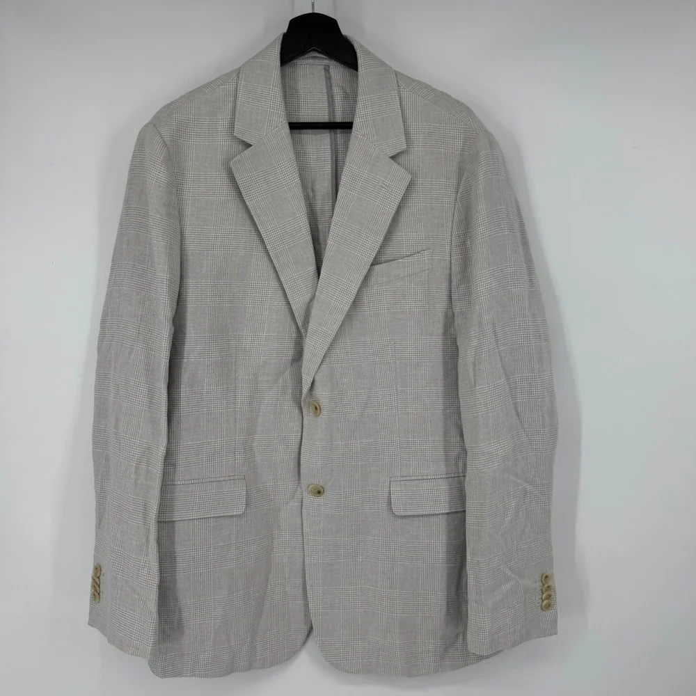 Banana Republic Tailored Fit Gray Glen Plaid Linen Blend Blazer 40R Jacket Mens